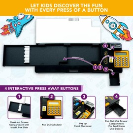 Decorably Space Pop Up Multifunctional Pencil Case with Calculator, Sharpener, Pen Slots and Mini Drawer - Space Pencil Case for Boys with 2 Main Compartments - School