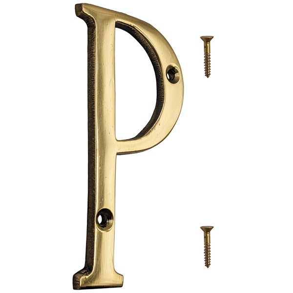 4-inch House Letter "P" with Mounting Screws, Polished Brass, Shiny