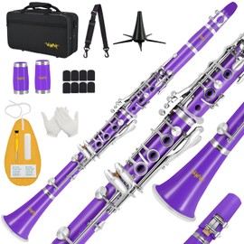Bb Clarinet For Beginners Students B Flat Clarinet 17 Keys Clarinet with Case Stand Strap 2 Barrels 8 Mouthpiece Cushion White Gloves Cleaning Kit(Purple)