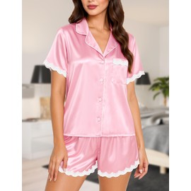 EPLAZA 3 Pcs Silk Pajamas for Women Satin Pajama Set Lace Trim Soft Button Down Pjs Set Sleepwear Loungewear (Pink, M)