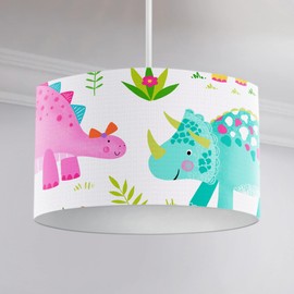 Happy Linen Company Girls Daisy Dino Dinosaur Pink Cylinder Ceiling Pendant Lamp Drum Light Shade 30cm x 20cm