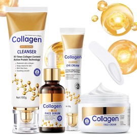 Collagen skin care set 4-piece travel kit for women using anti-aging skincare cleanser serum cream eye cream to reduce wrinkles, shrink pores, smooth fine lines and hydrate.Size / 콜라겐 스킨 케어 세트 주름 감소 모공 축소 부드러운 잔주름 수분 공급을 위한 안티에이징 스킨케어 클렌저 세럼 크림 아이 크림을 사용하는 여성용 여행용 키트 4종. Size