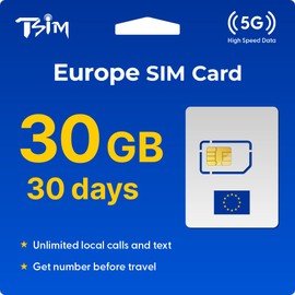 TSIM Europe SIM Card 30 Days 30GB | Unlimited Local Calls and Text | Get Number Before Travel | 30+ Countries Austria, France, Germany, Italy, Switzerland, Spain, UK