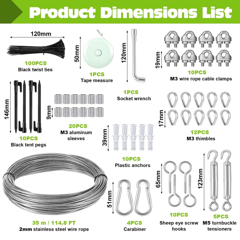 OCR 185PCS Wire Rope Kit, 114FT Stainless Steel Wire Cable
