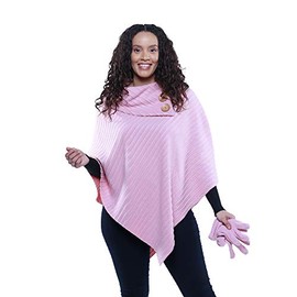 Le Moda Women’s Shawl Collar Pleated Fleece Poncho with Matching Gloves | Cold Weather Collection | One Size Fits All (ONE SIZE, BLUSH)
