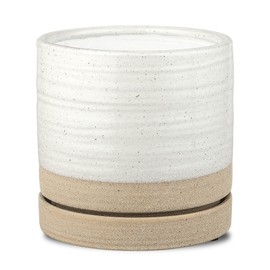 HERDUK 6 Inch Plant Pots, Ceramic Planter Pot with Drainage Hole & Saucer, Indoor/Outdoor Cylinder Round Planter Pot, White & Beige Glaze