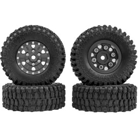 4Pack HIRCQOO 1.0" SCX24 Beadlock Wheels 7mm Hex Wheel Rims & Rubber Crawler Tires Set Compatible with Axial SCX24 1/24 Deadbolt AXI00002 AXI90081 AXI00002V2 RC Crawler Car (Black)
