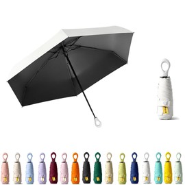 HUAMu Mini Parasol Travel Ring Handle Coating Layer Fabric Blocking UV Protection 99.9% Compact Foldable Lightweight Small Portable Backpack Rain Sun Men Women Kids, Milk-white
