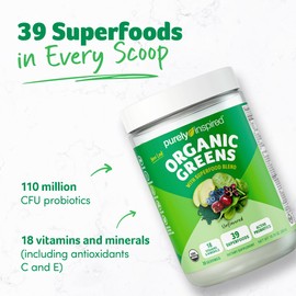 Purely Inspired Organic Greens Powder Superfood Smoothie Mix, Unflavored (30 Servings) - Super Greens with Probiotics, Spirulina & Chlorella for Gut & Digestive Health - Vegan