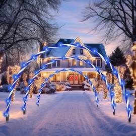VIHOSE 10ft Christmas Candy Light Arch LED Christmas Outdoor Arches Decor with Flasher Modes Xmas Candy Cane Pathway Markers Lights for Holiday Wedding Yard Lawn Decor(3 Pcs,Blue White Stripe)