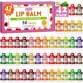 Yopela Mini Lip Balm Bulk 42 Pack, Natural Lip Balms with Vitamin E and Coconut Oil, Moisturizing and Nourishing Dry Cracked Lips,14 Flavors Chap Sticks Small Gift Party Favors for Kids Adults