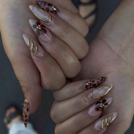 24Pcs French Tip Press on Nails Medium Almond Fake Nails with 3D Flower Bead Designs Leopard Brown Acrylic Nails 3D Gold Texture Design Artificial Nail Handmade Stick on Nail Fall Winter False Nails