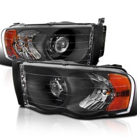 Spec-D Tuning Black Projector Headlights Compatible with 2002-2005 Dodge Ram 1500, 2003-2005 Dodge Ram 2500/3500, Left + Right Pair Headlamps Assembly