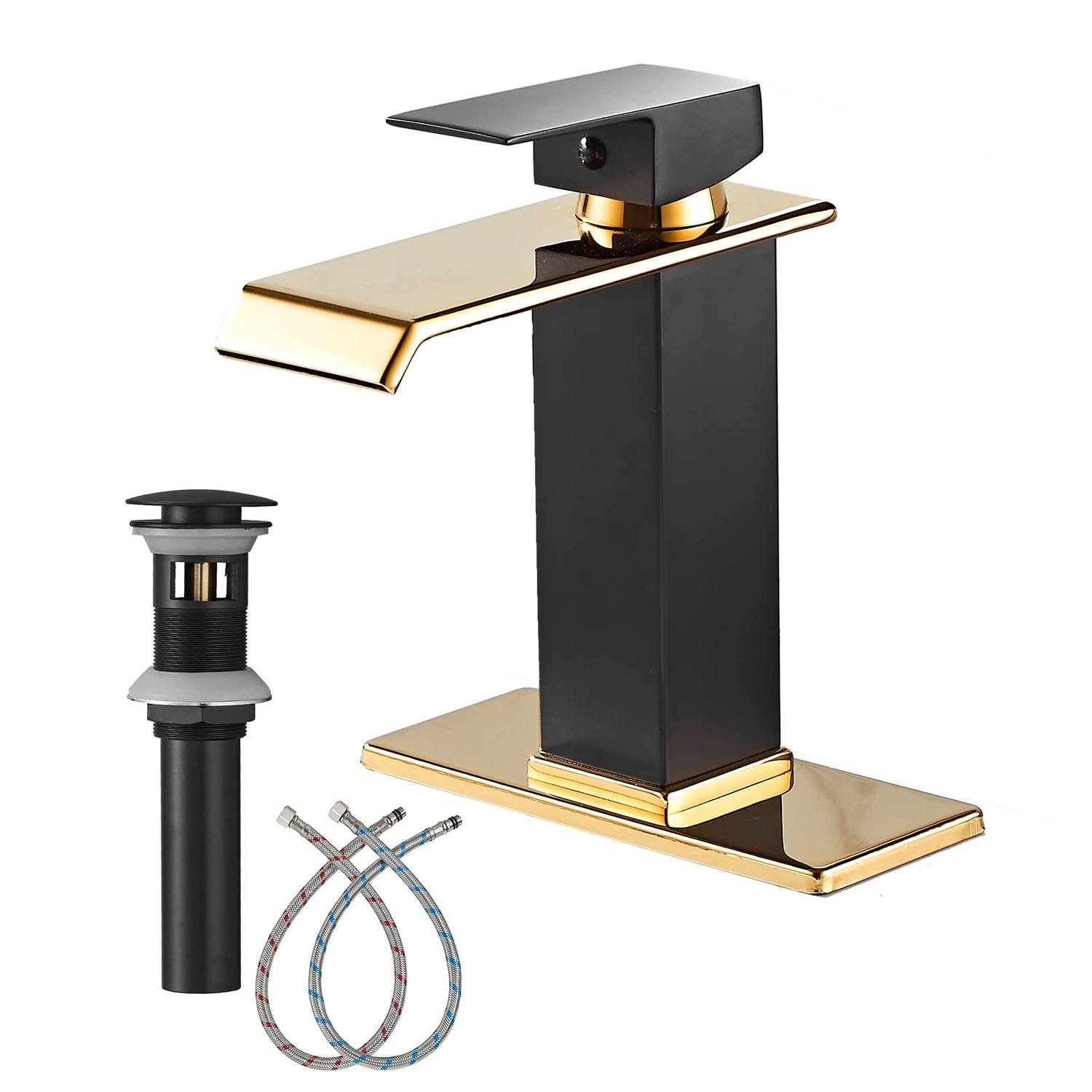 Black Gold Bathroom Faucets Waterfall Spout Basin Sink Faucet with Overflow Drain Assembly ...