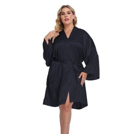 North Bund Women's Plus Size Short Silky Bathrobes Satin Kimono Robes Bride Bridesmaid Loungewear Soft Nightgown, Navy, 1X