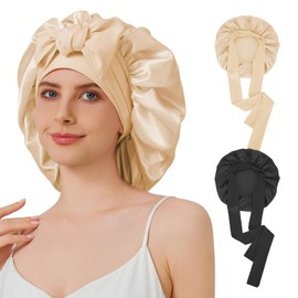 Silk Satin Bonnet for Sleeping, Sleep Cap with Elastic Tie, Curly Hair Wrap Cap for Women, Silky Night Accessories (Black Gold)