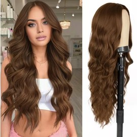 Mdlienosem 24 Inch Brown Wigs for Women Long Curly Wavy Middle Part Wig Natural Looking Synthetic Heat Resistant Fiber Hair Wig