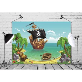 BELECO 7x5ft Fabric Cartoon Party Backdrop - Sea Adventure Pirate Ship Seaside Scenery Treasure Box Boat Background Neverland Pirates Themed Birthday Party Decoration Baby Kids Photo Props