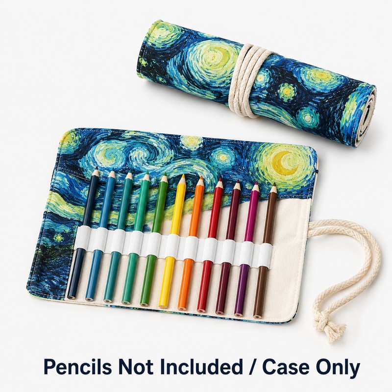 12-Slot Canvas Roll Up Pencil Case with Assorted Designs -