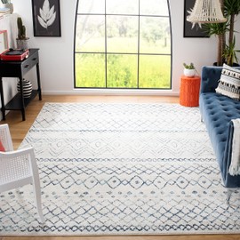 SAFAVIEH Madison Collection Area Rug - 8' x 10', Ivory & Navy, Moroccan Boho Distressed Design, Non-Shedding & Easy Care, Ideal for High Traffic Areas in Living Room, Bedroom (MAD798E)