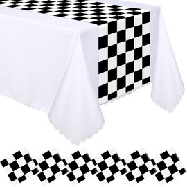 Preboun Plastic Table Runner 14 x 108 Inches Flag Tablecloth Road Table Runner for Anniversary Wedding Birthday Party Decor Indoor Outdoor Events(Black White Checkered, 6 Pcs)