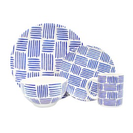 Melange Coupe 16-Piece Porcelain Dinnerware Set (Indigo Tally Marks Collection) | Service for 4 | Microwave, Dishwasher & Oven Safe | Dinner Plate, Salad Plate, Soup Bowl & Mug (4 Each)