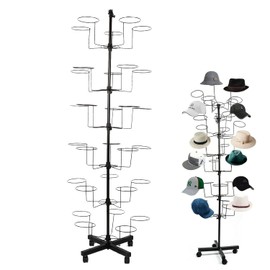 uyoyous 6-Tier Hats Display Rack Rotating Retail Hat Rack Stand 30 Hooks Adjustable Hat Headwear Rack with Wheels Metal Self-standing Hat Hanger Floor Standing Tower for Wig Cap Baseball Hats
