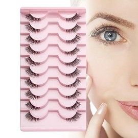 Pestañas Postizas Naturales De Ojo De Gato, 10 Pares De Pestañas Postizas 3D, Media Cateye, Tira De Algodón Suave Y Flexible, Rosa                    