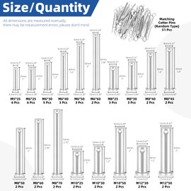 Glarks 51pcs 18 Sizes Single Hole Flat Head Clevis Pins Set, M5 M6 M8 M10 M12 White Zinc Clevis Pins, Link Hinge Pins for Furniture Installation Small Home DIY Project