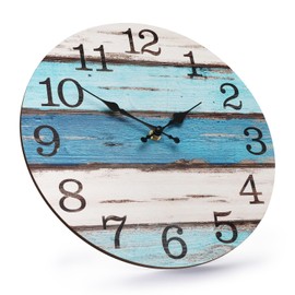 bakbrand Wall Clock 12 Inch Imitation Wood Silent Non-Ticking Indoor Clock Round Blue and White Decor Clock Rustic Minimalist Battery Operated Wall Clocks for Farmhouse, Office, Bedroom, Living Room