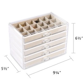 Frebeauty Acrylic Jewelry Organizer Earring Organizer Box with 5 Drawers Earring Holder Organizer with Velvet Trays Clear Jewelry Box for Women Earring Display for Rings Studs(Beige)