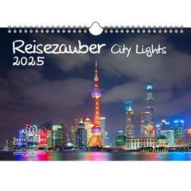Städtezauber City Lights DIN A4 Calendar for 2025 Holidays Night Cities – Contents: 1 x Calendar, 1 x Christmas Pendant, 1 x Greeting Tag (3 Pieces)