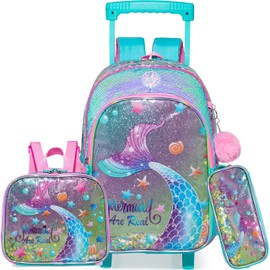 Mermaid Rolling Backpack for Girls Kids Backpacks with Wheels for Elementary Kindergarten Roller Backpack on Wheels with Lunch Box Pencil Case for Girls