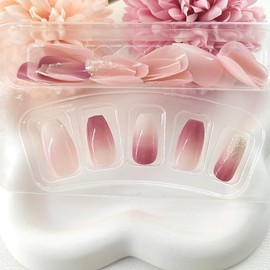 Ombre Press on Nails Short Coffin Fake Nails with Glitter Sequins Design Glue on Nails White Dark Red Gradient False Nails Glossy Artificial Stick on Nails for Women 24Pcs