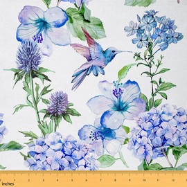Floral Fabric by The Yard, Hummingbird Upholstery Fabric, Blue Flower Decorative Fabric, Leaves Bird Indoor Outdoor Fabric, Spring Botanical Animal DIY Art Waterproof Fabric, Blue Green, 3 Yards