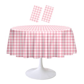 RINDOJIN 2 Pack Pink Gingham Tablecloth Round 84 x 84 Inch Round Plastic Checkered Table Cloth Disposable Plaid Table Cover for Picnic Party Birthday Wedding Baby Shower Circle Pink Tablecloth