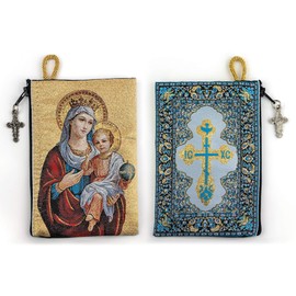TREE OF LIFE REV. 22:14 Catholic Rosary Pouch, Madonna and Child & IC XC Cross - Blue, 4" x 6" Jewelry & Coin Purse with Cross, Small Woven Tapestry Icon Bag, Bolsa de Rosario Católico para Joyería