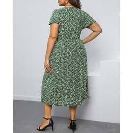 Plus Size Sundress Women Summer Boho Floral Dark Green Casual Midi V Neck A Line Flowy Sun Dresses with Pockets
