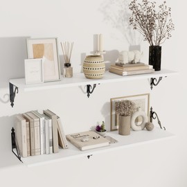 Deep Floating Shelves, 48" W x 12" D Wall Shelves Set of 2, Wide Display Shelf Wall Mounted with Brackets, Wall Bookshelf for Living Room, Bathroom, Bedroom, White