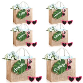 Paterr 6 Sets Wedding Jute Bridesmaid Gift Bag with Heart Shaped Sunglasses Palm Leaves Summer Hawaiian Tropical Gift Bags for Bachelorette Beach Bag Reusable Bride Tote Bachelorette Engagement Party