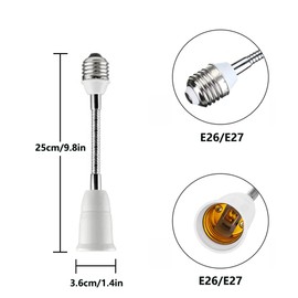 E26/E27 Light Socket Extender Adapter, 25cm/9.8 inch Light Bulb Extension,E26 to E26 Flexible Extension,360° Bendable Adjustable Standard E26/E27 Bulb Screw Base Extender Adapte,White (2 Pack)