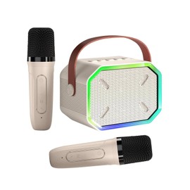 Karaoke Machine for Kids and Adults, Mini Portable Bluetooth Speaker with 2 Wireless Microphones, Led Lights for TV, Home Party, Kids Gift for Girls Boys Family Party Birthday (Beige)