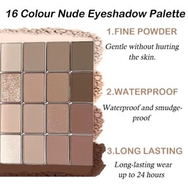 Nude Eyeshadow Palette, 16 Colours Brown Grey Nude Eye Shadows Palette For Women Long Lasting Highly Pigmented Shimmer Matte Eyeshadow Make-Up Palettes Waterproof Blendable Brown Eyeshadow Palette