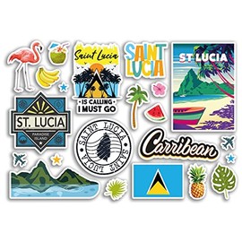 A5 Sticker Sheet Saint Lucia Landmarks Vinyl Stickers - Caribbean St Beach Summer Tropical Coast Flamingo Airport Stamps Skyline Flag Map Travel Holiday Scrapbooking Luggage #79215
