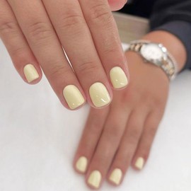 Press on Nails Short Square Fake Nails Yellow Nails Press Ons Solid Color Acrylic False Nails Glossy Full Cover Glue on Nails Yellow Reusable Stick on Nails for Women 24Pcs