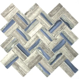 TREGLG-09 Recycle Glass Wooden Look Blue Herringbone Mosaic Tile Backsplash (1 Sheet)