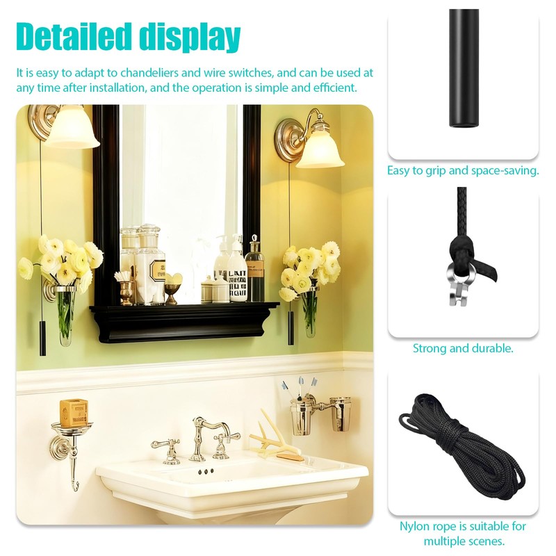 2 Pcs Bathroom Pull Cords, Black Zinc Alloy Light Pulls