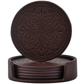 Drink Coasters,PU Leather Bar Beer Beverage Coasters for Drinks Set of 6 with Holder Coasters for Wooden Table Coffee Table Absorbent Drink Coasters,Easy Clean Cup Coasters Easter Housewarming Gifts