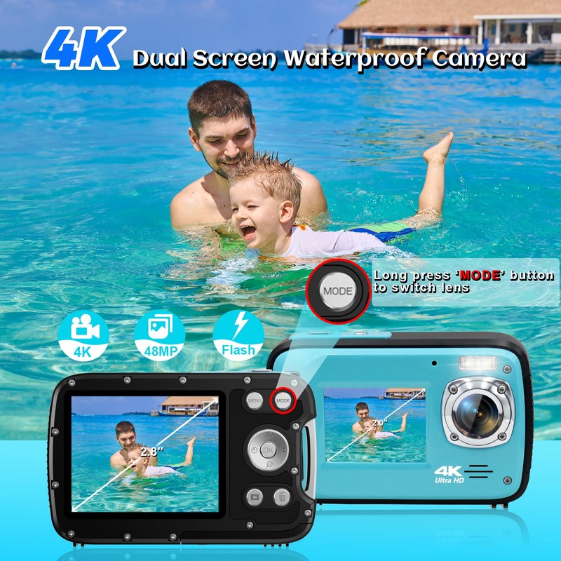 ISHARE Underwater Camera,4K 48MP 17FT Waterproof Camera for Snorkeling,Dual Screen