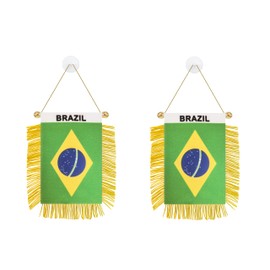 Rotenl 2 Pack Brazil Window Small Mini Hanging Flag, 3 X 5 Inch Brazilian Car Flag Banner with Golden Fringy Tassel and Suction Cup, Wall, Door and Rearview Mirror Decor (Brazil)